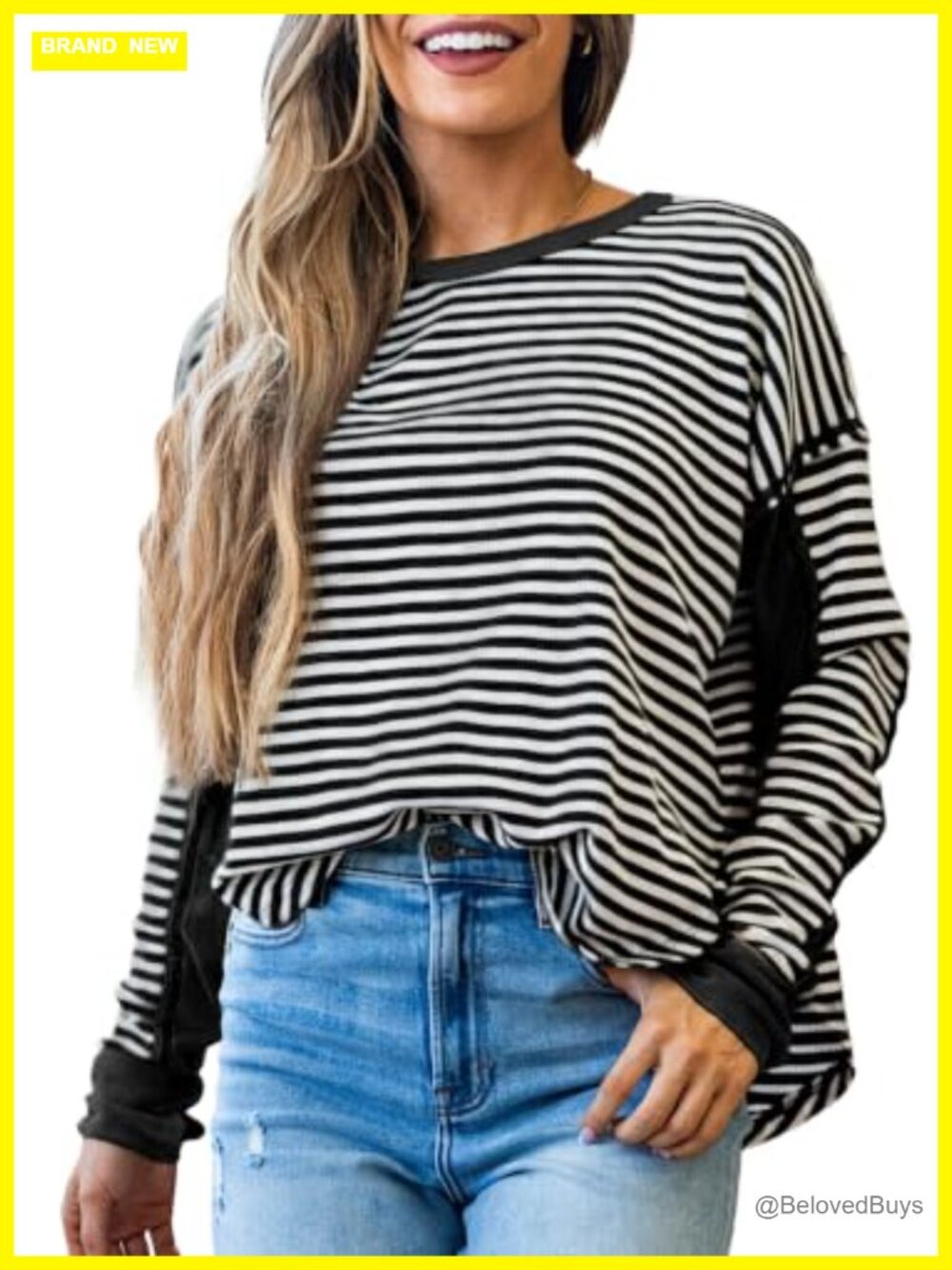 Waffle Knit Sweatshirt Striped Thumbhole Oversized Crewneck Pullover